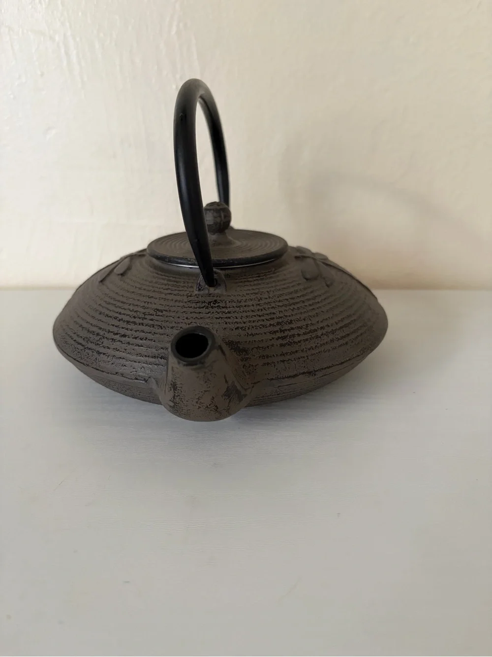 Black Cast Iron Dragonfly Motif Teapot with Curved Handle